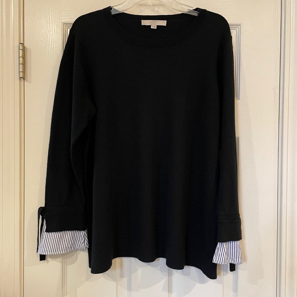 LOFT PLUS Mixed Media Black and Blue/White Striped Sweater Size 14 Plus
